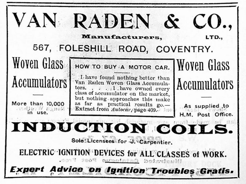 Image of Van Raden Pre-1935 print advert for accumulators and induction coils